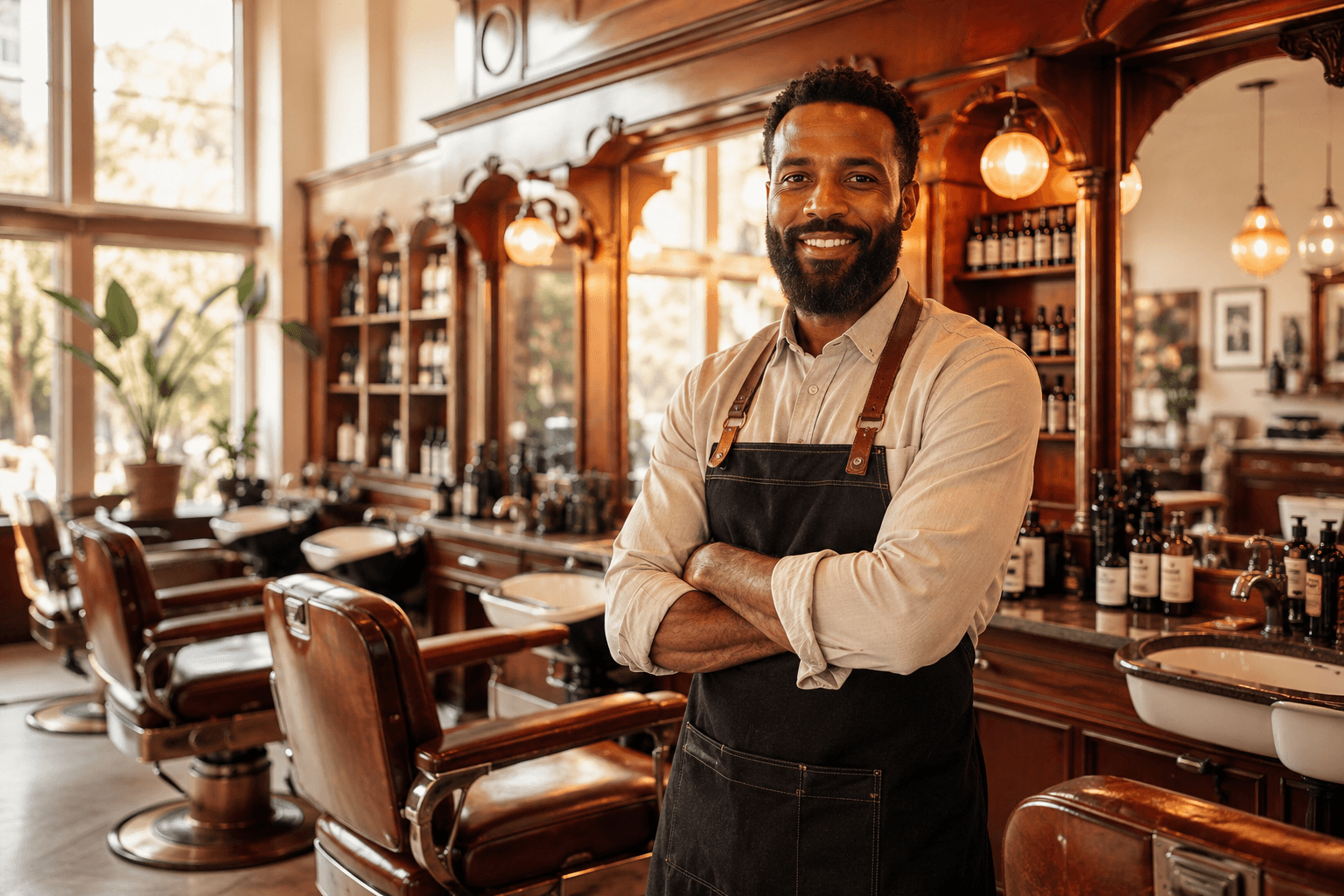 Sistema para barbearia: dono de barbearia atendendo cliente com a agenda organizada