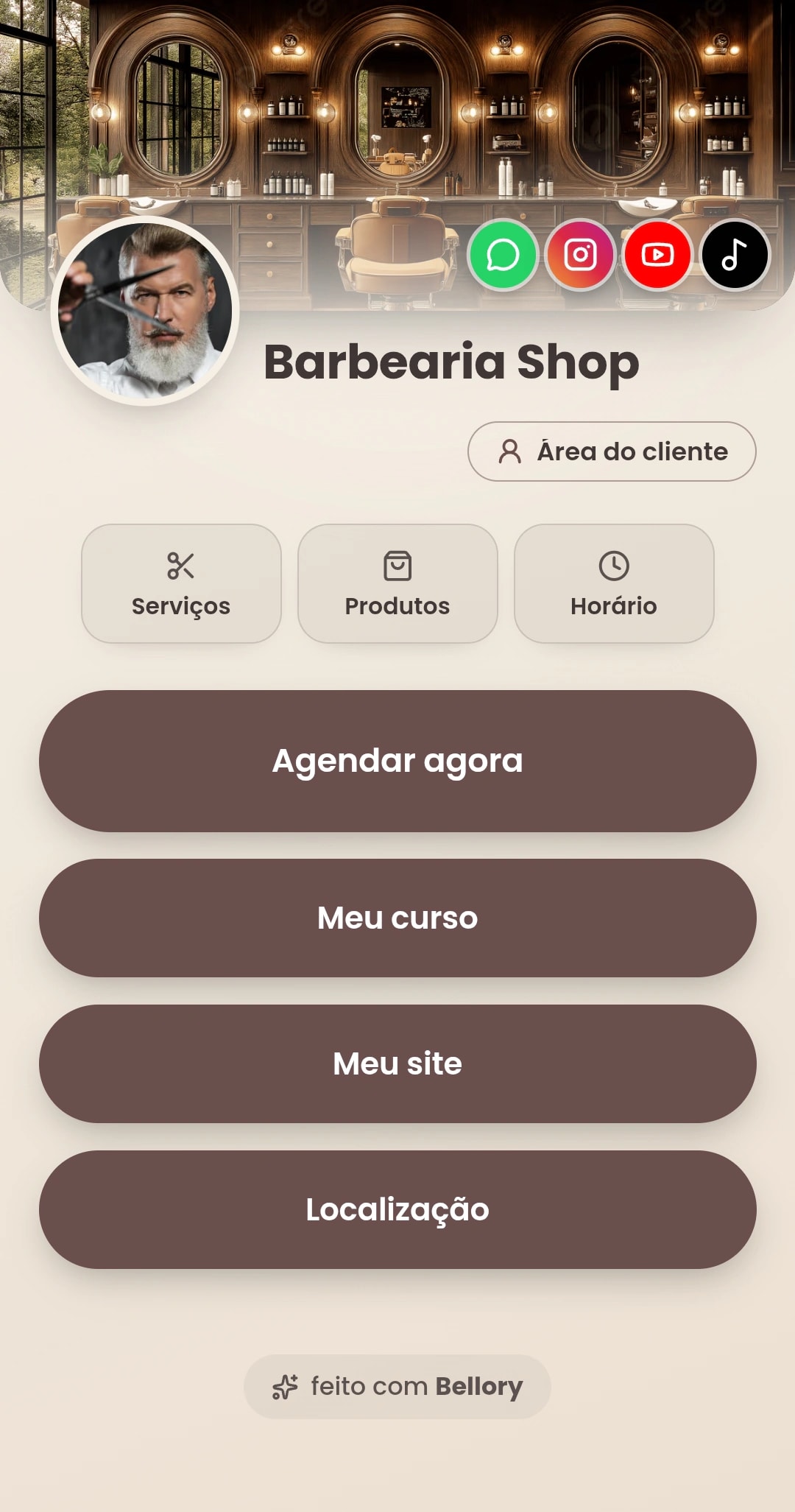 BellLink de uma barbearia com os botões Agendar agora, Serviços e Área do cliente