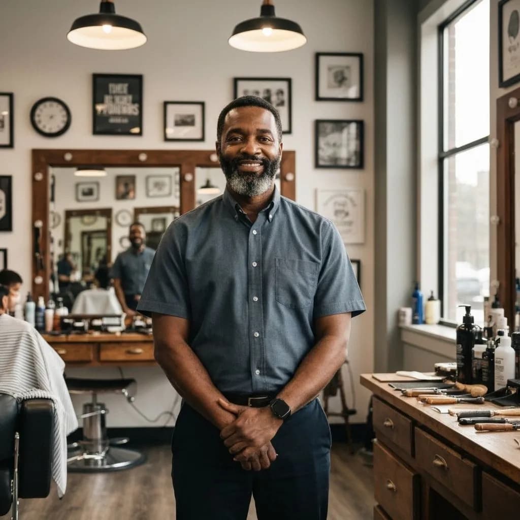 Sistema para barbearia: dono de barbearia atendendo cliente com a agenda organizada