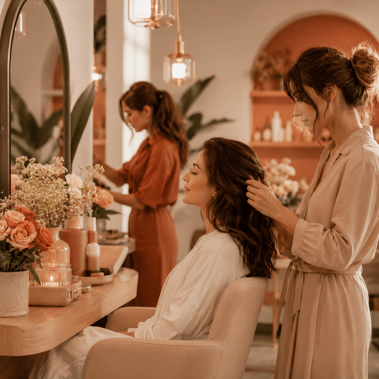 Recepção acolhedora do salão de beleza com cliente sendo atendida