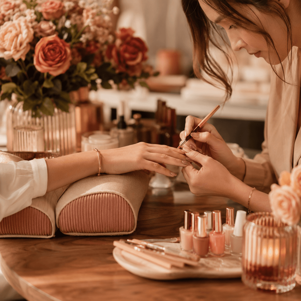 Manicure cuidando das unhas de uma cliente no salão