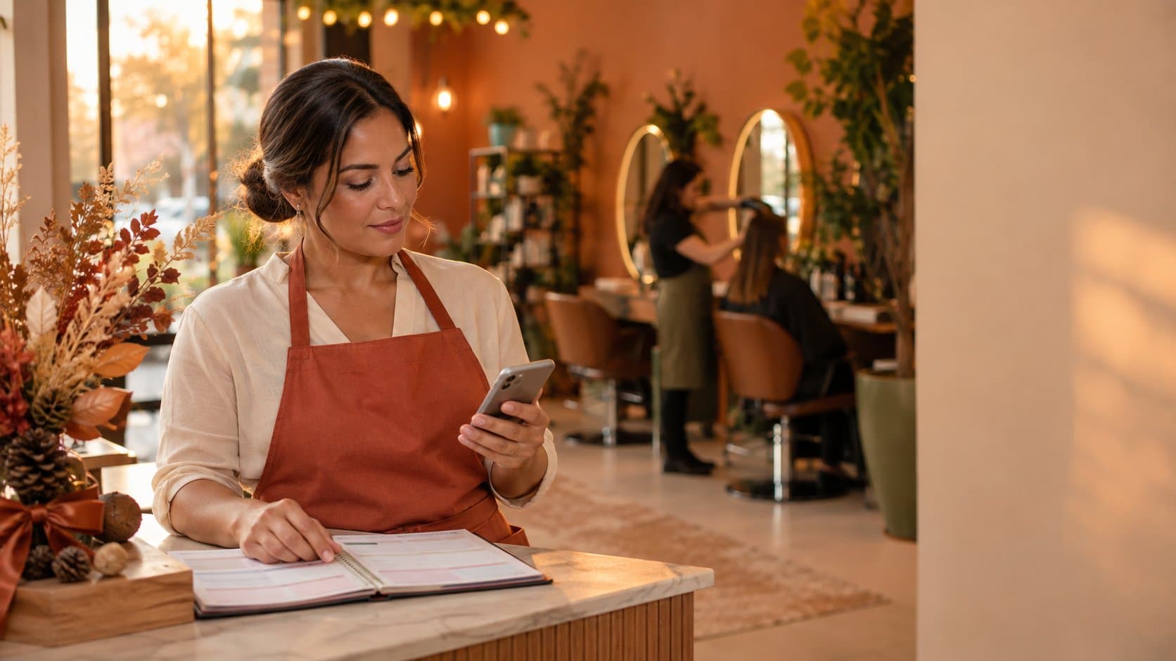 Dona de salão confere a agenda no celular na recepção decorada para o fim de ano, com profissional atendendo ao fundo.