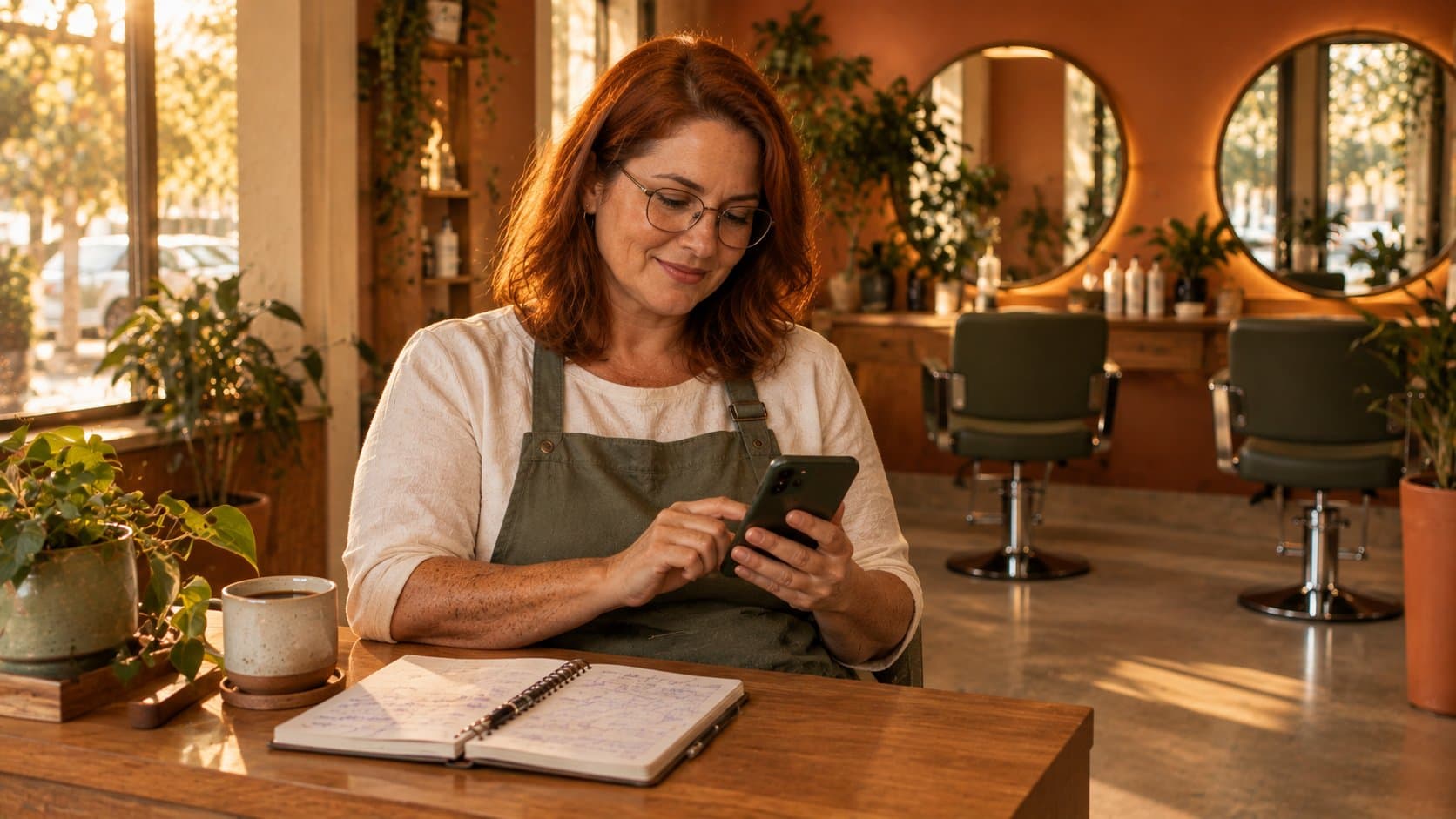 Dona de salão sentada na recepção digita uma mensagem no celular, com a agenda de papel aberta ao lado.
