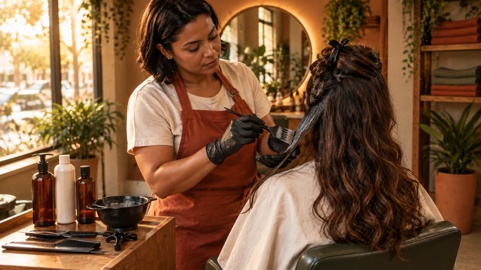 Cabeleireira aplica progressiva com pincel numa cliente de cabelo longo, com os frascos de produto na bancada ao lado.